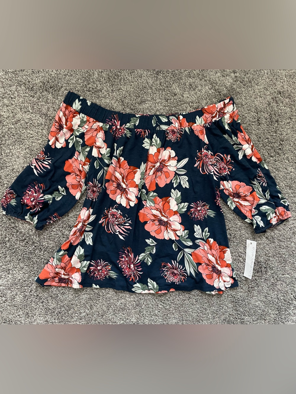Loveappella Navy Off-Shoulder Top with Coral and Pink Floral Trim